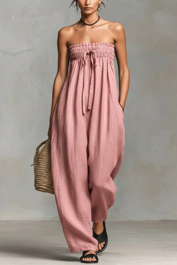 Cardydony Women's Linen Blend Sleeveless Off-shoulder Pleated Drawstring Loose Pocket Jumpsuit