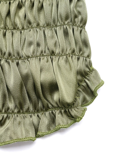 Cardydony Women's Olive Green Satin Ruched Halter Top – Ruffled Crop Tank for Summer