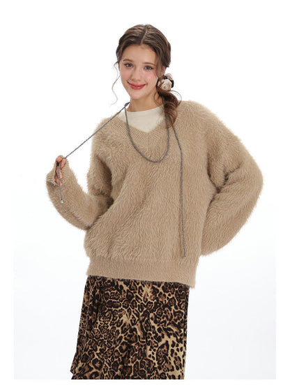Cardydony Women's Fluffy V-Neck Sweater | Soft Fuzzy Winter Pullover