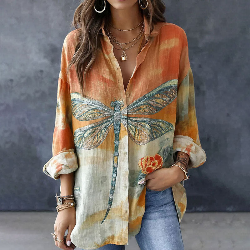 Cardydony Retro Dragonfly Andfloral Pattern Linen Long Sleeve Shirts