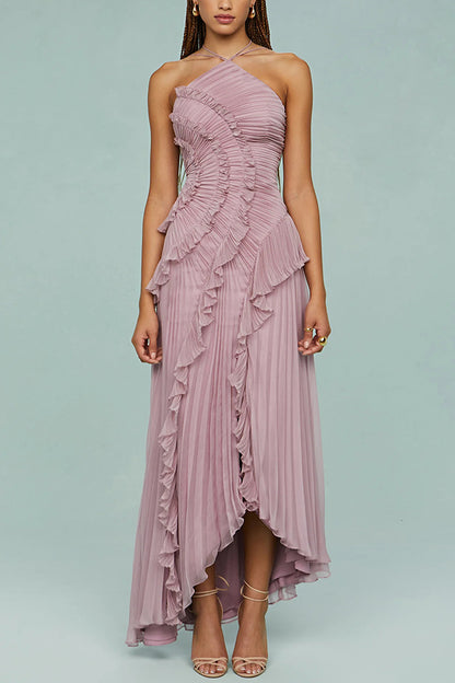 Cardydony Women's Dream Ode Lily Pad Style Pleats and Ruffles Halter Gown Maxi Dress