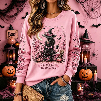 Cardydony Women's Retro Halloween Breast Cancer Awareness Witch Print Crew Neck Sweatshirt