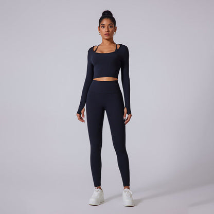 Cardydony Women's Two-Piece Seamless Activewear Set with Long Sleeve Crop Top and High-Waisted Leggings
