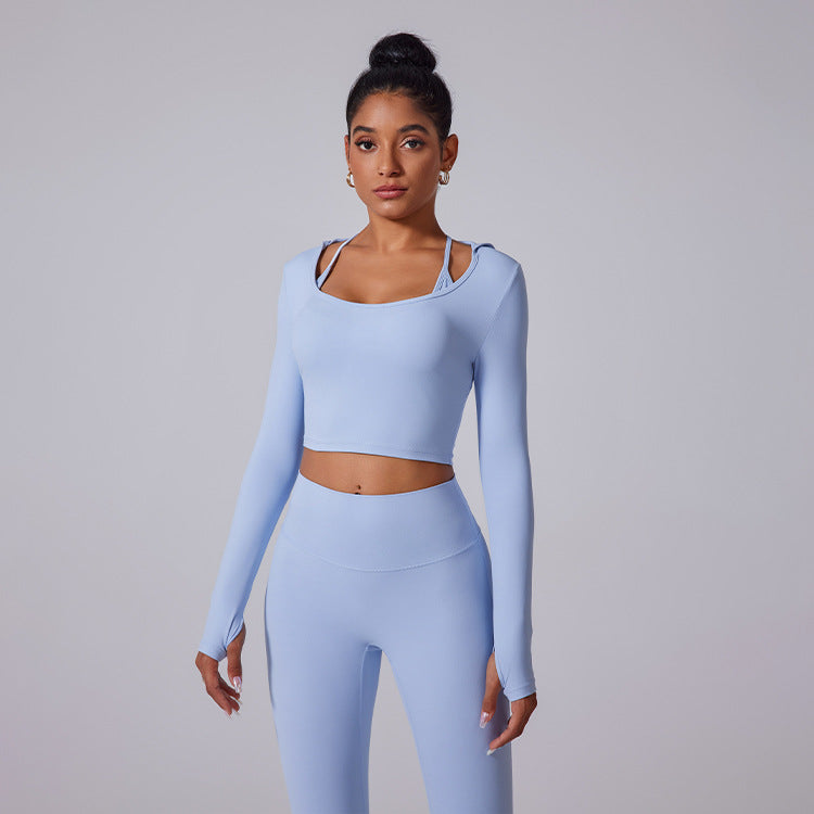 Cardydony Women's Two-Piece Seamless Activewear Set with Long Sleeve Crop Top and High-Waisted Leggings