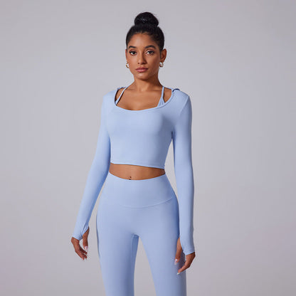 Cardydony Women's Two-Piece Seamless Activewear Set with Long Sleeve Crop Top and High-Waisted Leggings