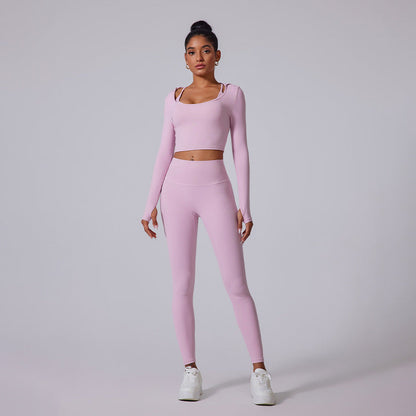 Cardydony Women's Two-Piece Seamless Activewear Set with Long Sleeve Crop Top and High-Waisted Leggings
