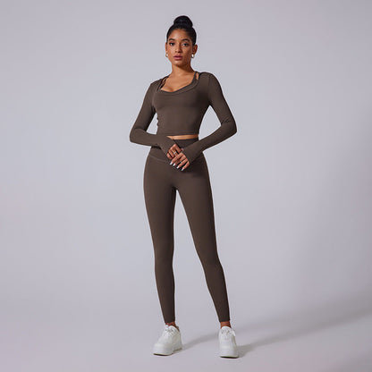 Cardydony Women's Two-Piece Seamless Activewear Set with Long Sleeve Crop Top and High-Waisted Leggings