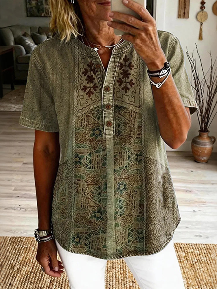 Cardydony Women's Vintage Ethnic Floral Art Print Casual Short-sleeve Shirt