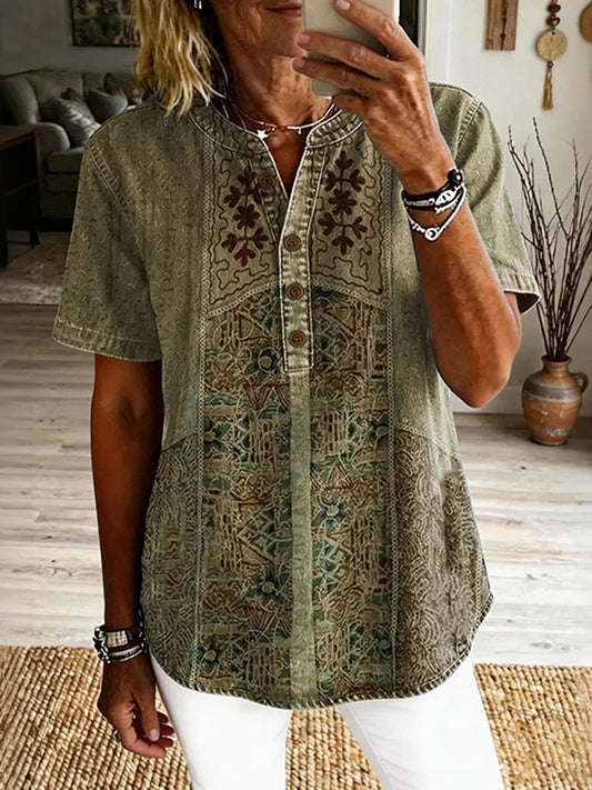Cardydony Women's Vintage Ethnic Floral Art Print Casual Short-sleeve Shirt