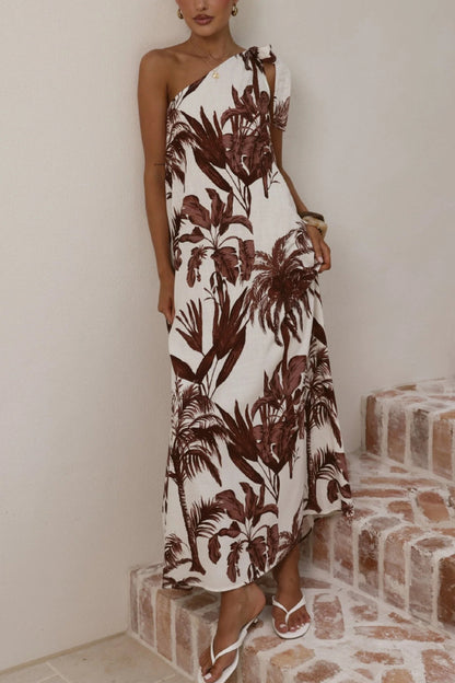 Cardydony Women's Botanical Print Sleeveless One-shoulder Casual Vacation Maxi Dress