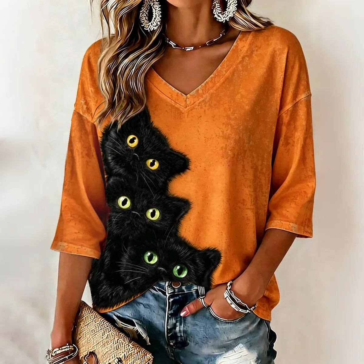 Cardydony Women's Realistic 3d Clinging Fluffyblack Cat Print Three-quarter Sleeve T-shirt