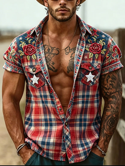 Cardydony Men's Retro Plaid Floral Design Short-sleeve Shirt