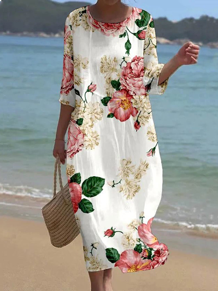 Cardydony Women's Vintage Floral Art Pattern Linen Blend Loose Three-quarter Sleeve Dress