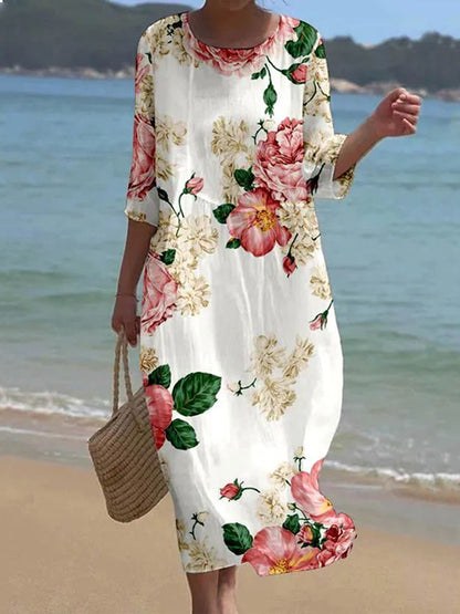 Cardydony Women's Vintage Floral Art Pattern Linen Blend Loose Three-quarter Sleeve Dress