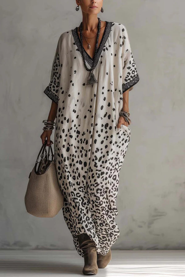 Cardydony Women's  Unique Print V-Neck Half Sleeve Loose Casual Maxi Dress
