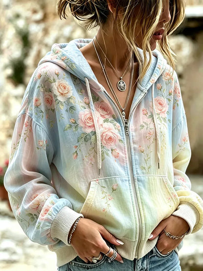 Cardydony Women's Vintage Rose Floral Art Print Tie-dye Casual Cotton And Linen Hoodie