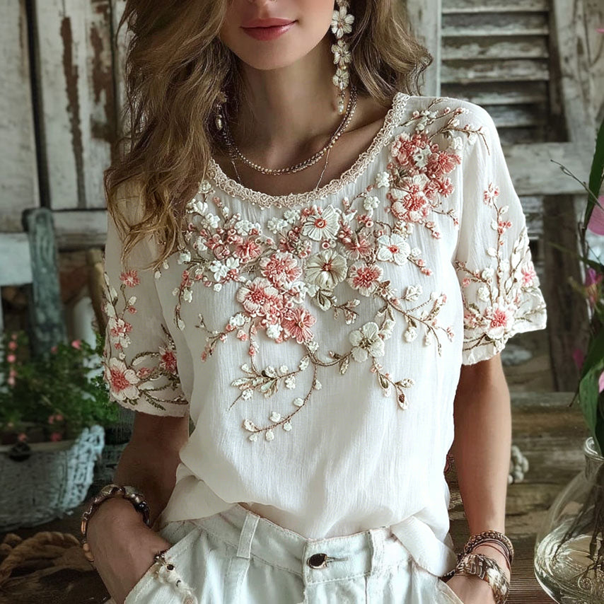 Cardydony Women's Floral Art Embroidery Cotton Linen T-shirt