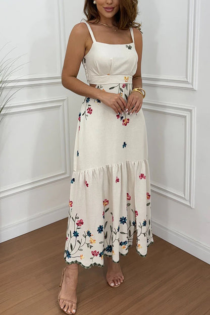 Cardydony Women's Vanie Linen Blend  Floral Print Cutout Waist Back Smocked Slit Maxi Dress
