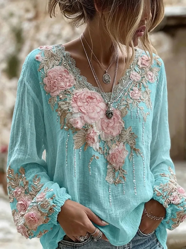 Cardydony Women's Retro Bohemian Rose Embroidery Pattern Casual Cotton Linen Blend T-shirt