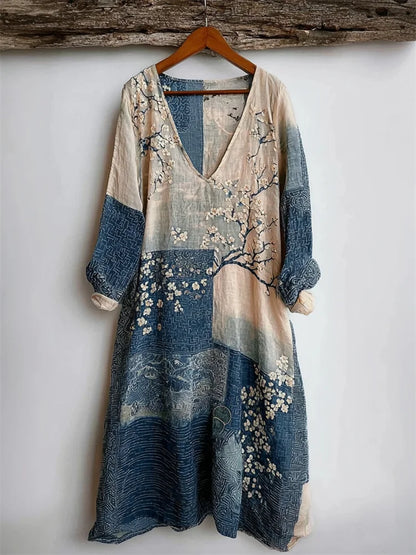 Cardydony Cherry Blossom Sea Waves Japanese Sashiko Art Linen Mini Dress