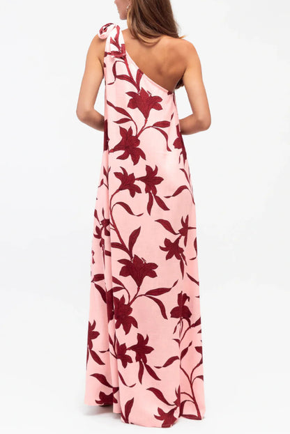 Cardydony Women's Botanical Print Sleeveless One-shoulder Tie-up Casual Vacation Maxi Dress