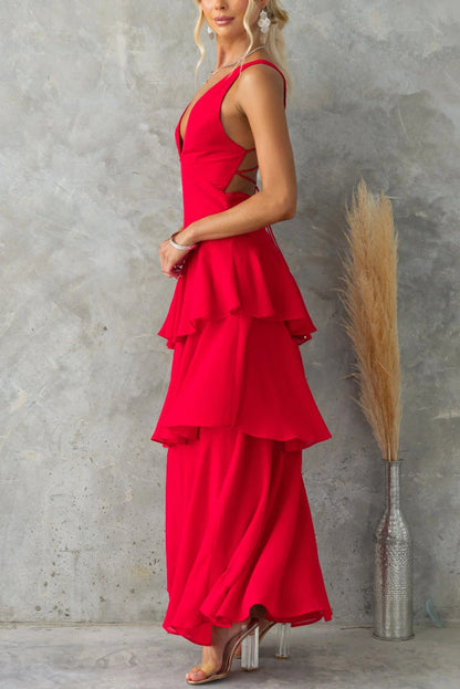 Cardydony Women's Solid Color V-neck Sleeveless Elegant Layered Maxi Dress