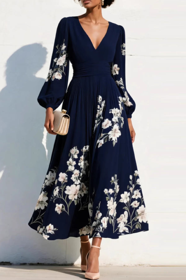 Cardydony Women's  Floral Print V-neck Long-sleeved Fitted Waist Casual Maxi Dress