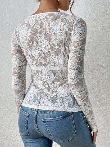 Cardydony Women's Floral Lace Long Sleeve Top – V Neck Slim Fit Blouse