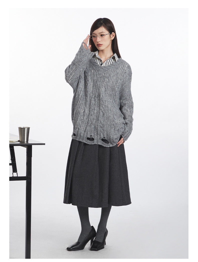 Cardydony Women's Oversized Cable Knit Sweater | Distressed V-Neck Pullover