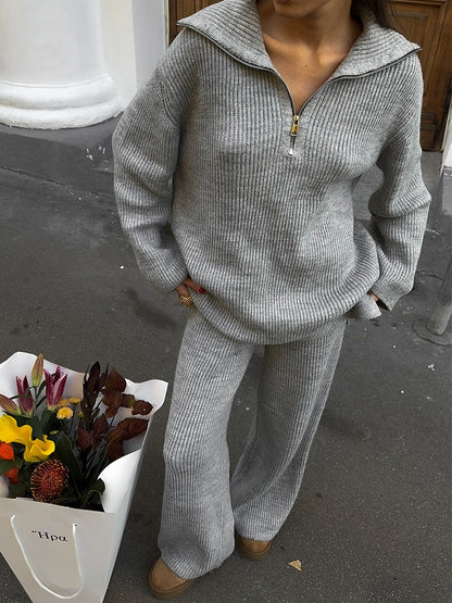 Cardydony Women's Women's Knit 2 Piece Set – Half Zip Sweater and Wide Leg Pants
