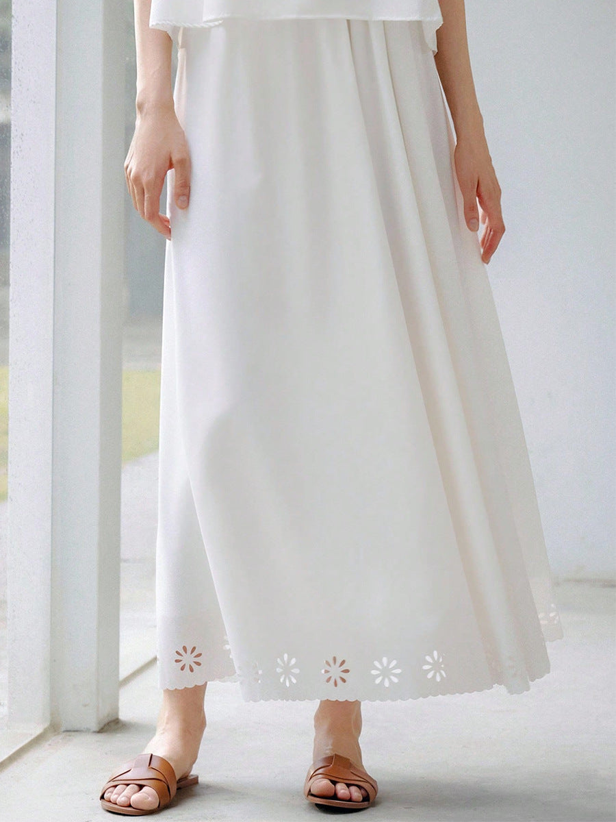 Cardydony Women's White Two Piece Set with Eyelet Cutout Top and Maxi Skirt – Summer Outfit