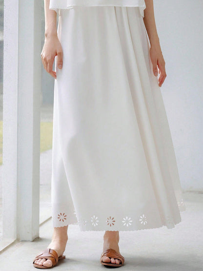 Cardydony Women's White Two Piece Set with Eyelet Cutout Top and Maxi Skirt – Summer Outfit