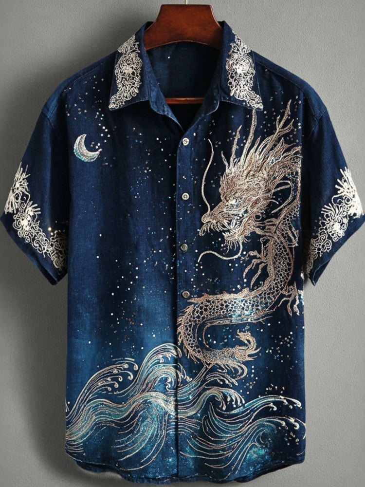 Cardydony Vintage Japanese Style Wave And Dragon Art Casual Shirt
