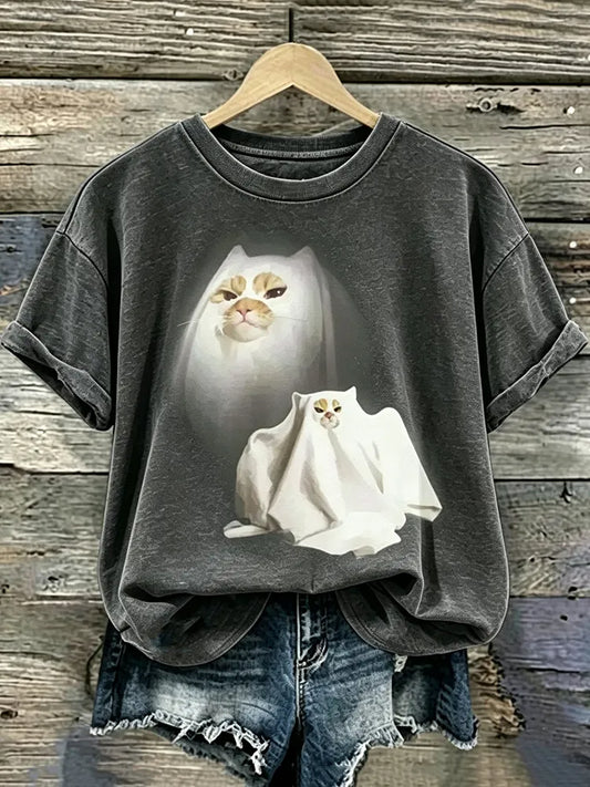 Cardydony Women's Halloween Ghost Cat Print Crew Neck T-shirt
