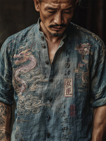 Cardydony Men's Japanese Dragon Floral Calligraphy Linen Shirt