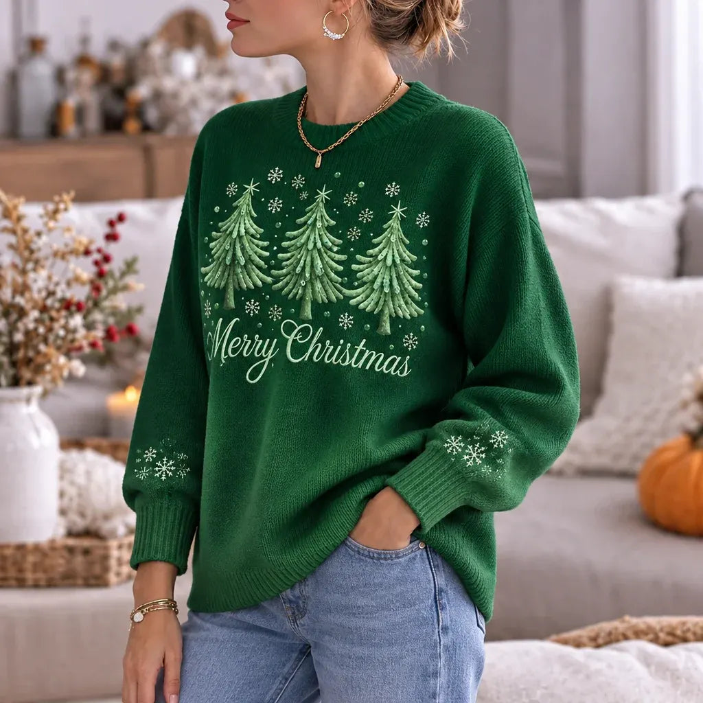 Cardydony Women's Christmas Tree Graphic Relaxed Fit Ombre Green Crewneck Pullover Sweater
