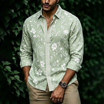 Cardydony Men's Vintage Floral Art Linen Blend Casual Shirt