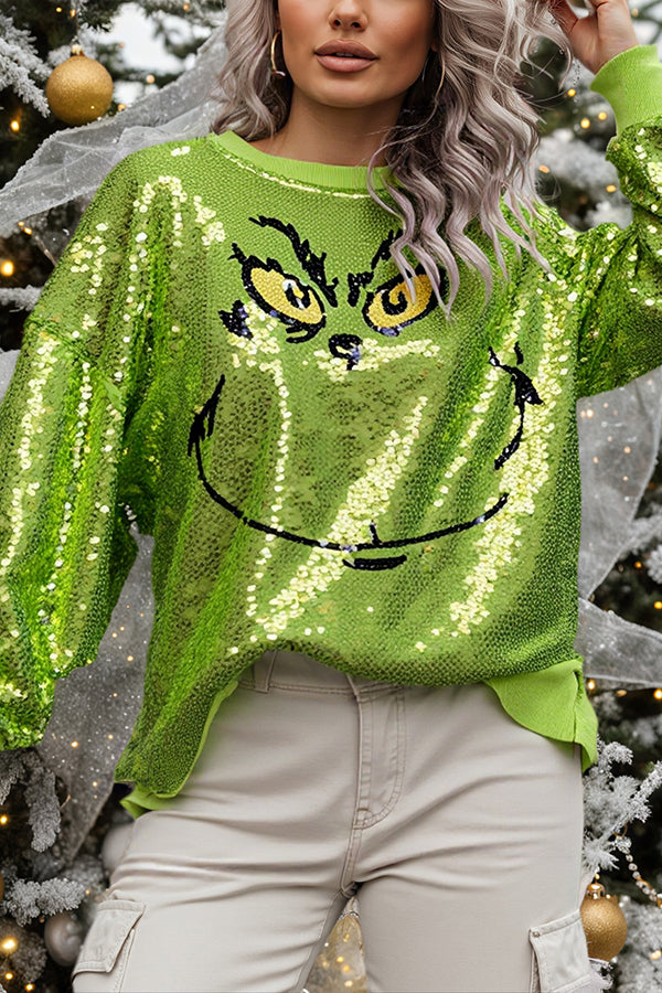 Cardydony Women's Mr Grinch Sequin Unique Pattern Long Sleeve Loose Sweatshirt