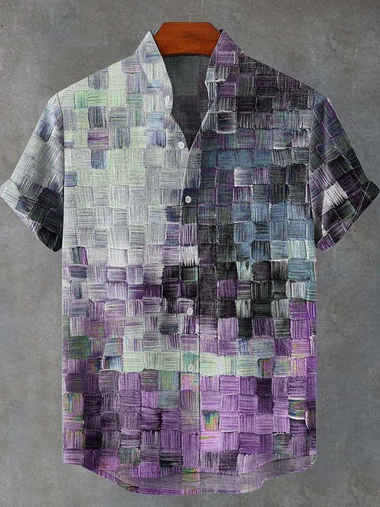 Cardydony Oil Painting Style Lattice Vintage Art Print Casual Cotton Linen Shirt