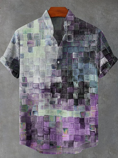 Cardydony Oil Painting Style Lattice Vintage Art Print Casual Cotton Linen Shirt