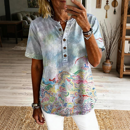Cardydony Women's Retro Colorful Ethnic Art Print Casual Short-sleeve Shirt