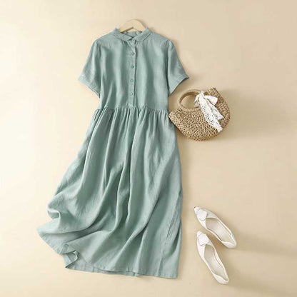 Cardydony Women's Solid Color Linen Blend Lapel Dress