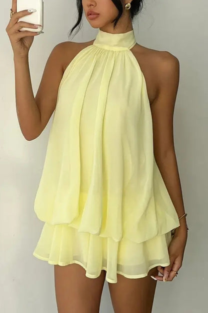 Cardydony Women's  Fashionable Chiffon Halter Neck Backless Lace-up Casual Vacation Mini Dress