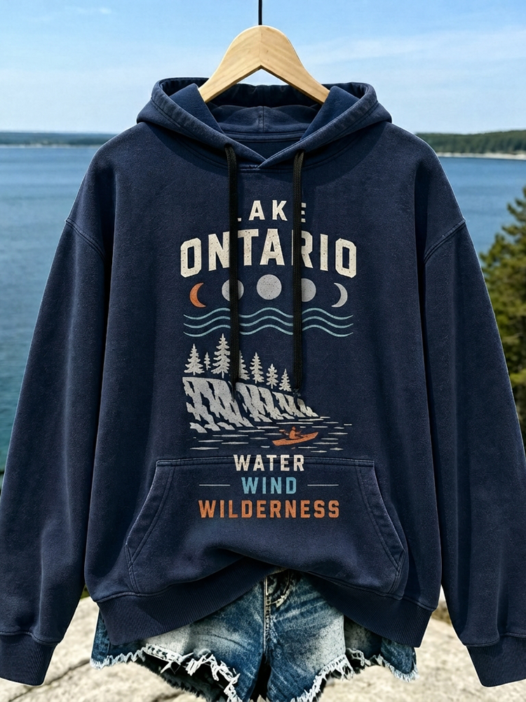Cardydony Women's Casual Pullover Hoodie In Dark Navy With Lake Ontario Moon Phases, Cliff, Kayaker, And Wilderness Print