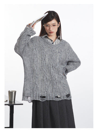 Cardydony Women's Oversized Cable Knit Sweater | Distressed V-Neck Pullover