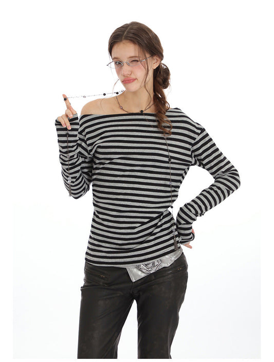 Cardydony Women's Off-Shoulder Striped Top | Cotton Long Sleeve Casual Tee