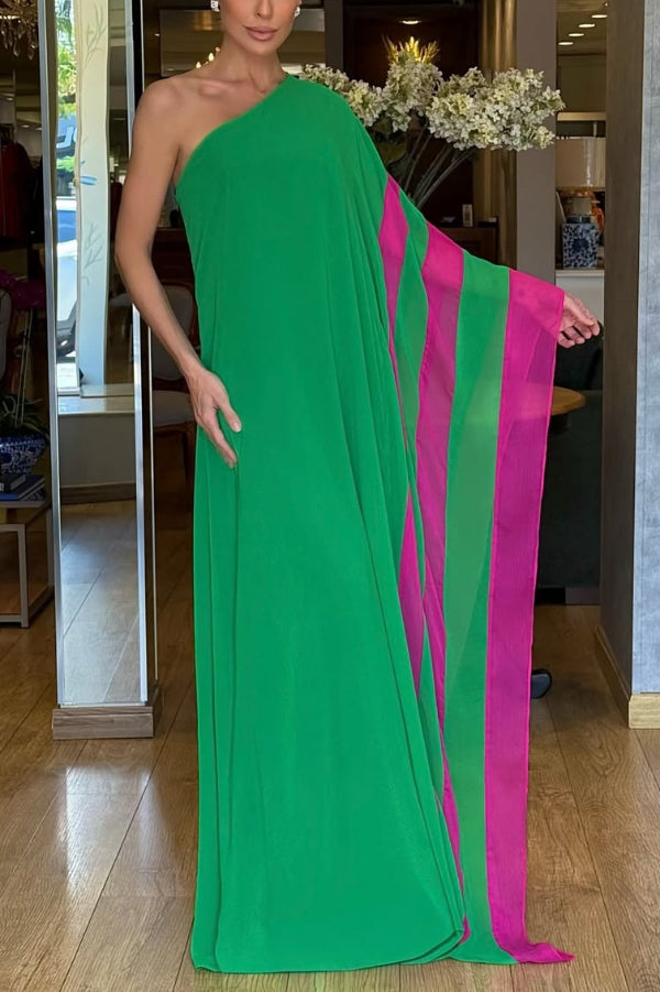 Cardydony Women's Fashionable Vacation Chiffon Color-blocked One Shoulder Loose Maxi Dress