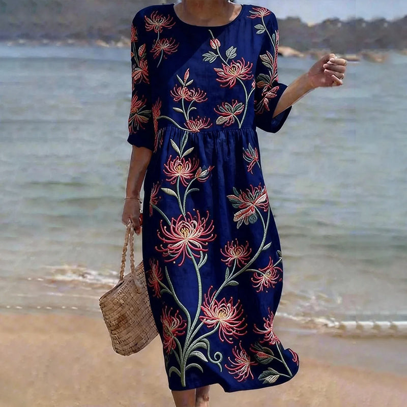 Cardydony Vintage Floral Art Pattern Linen Blend Loose Three-quarter Sleeve Dress