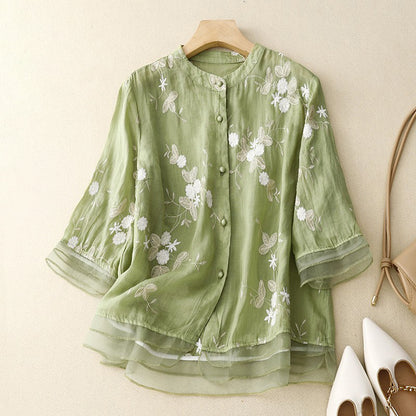 Cardydony Women's Floral Embroidered Art Linen Blend Blouse