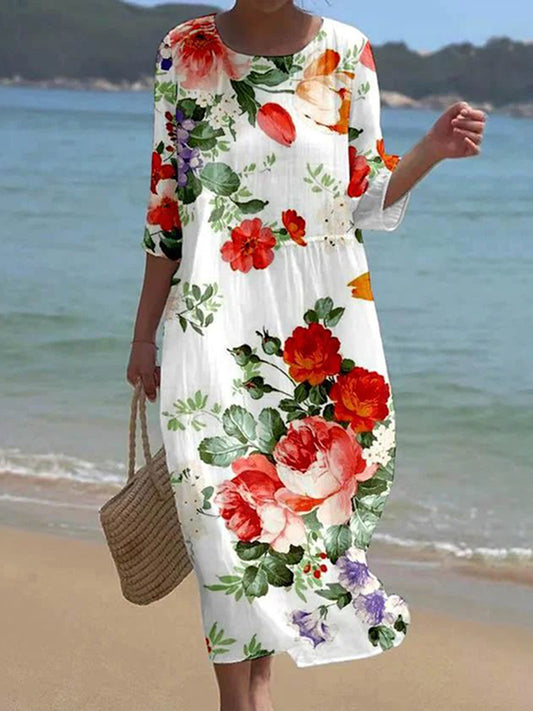 Cardydony Women's Casual Floral Art Pattern Linen Blend Loose Three-quarter Sleeve Dress